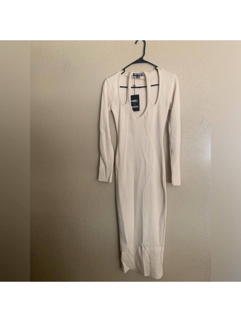 Missguided Cream Long Sleeve Cutout Ribbed Midi Dress